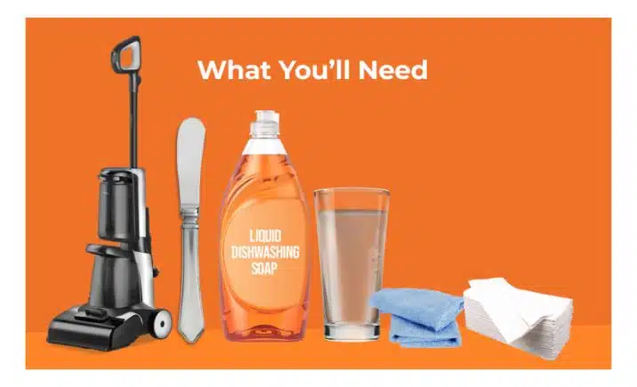 items needed to remove make up from carpets on an orange background