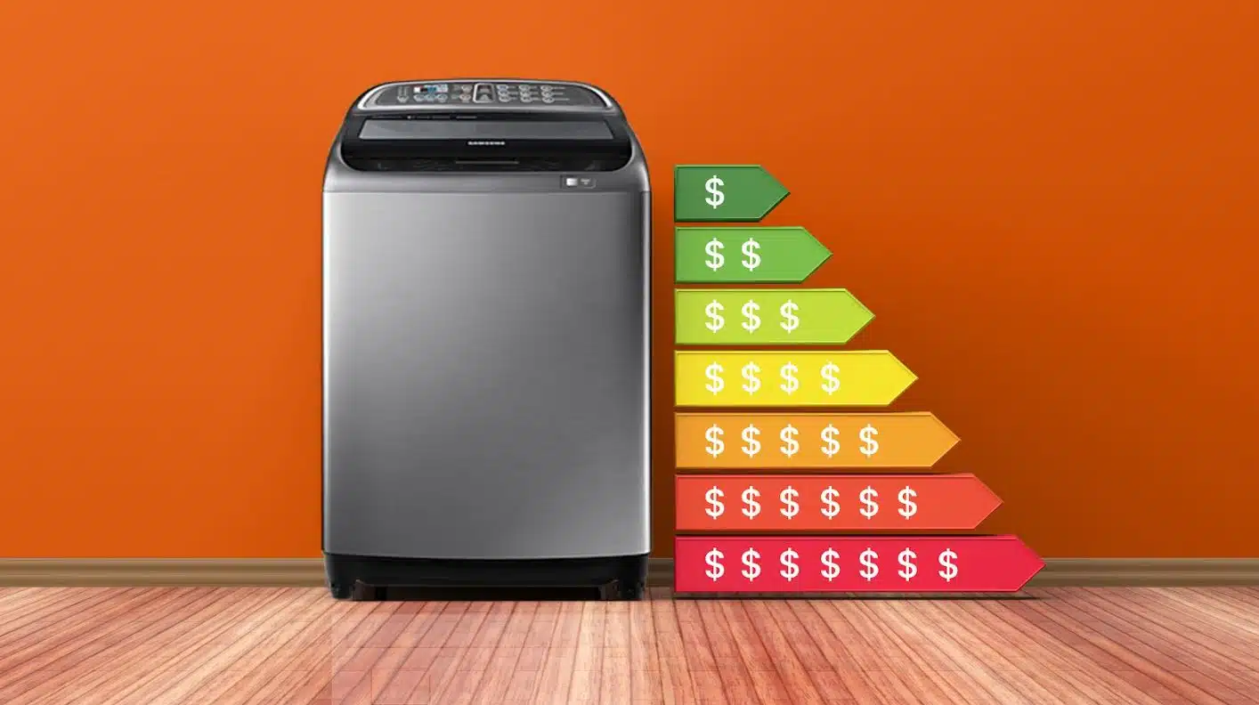 Illustration depicting costs and benefits of a top loader washing machine on an orange background