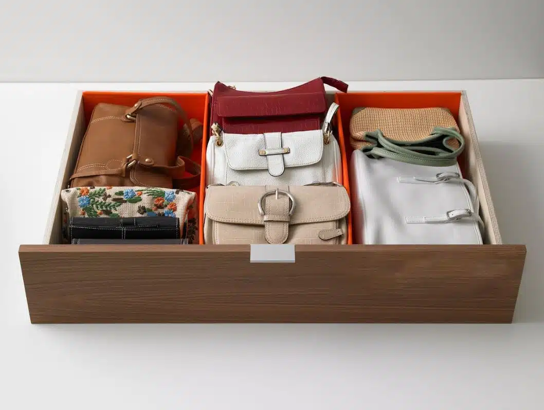 assortment of handbags stored in a drawer