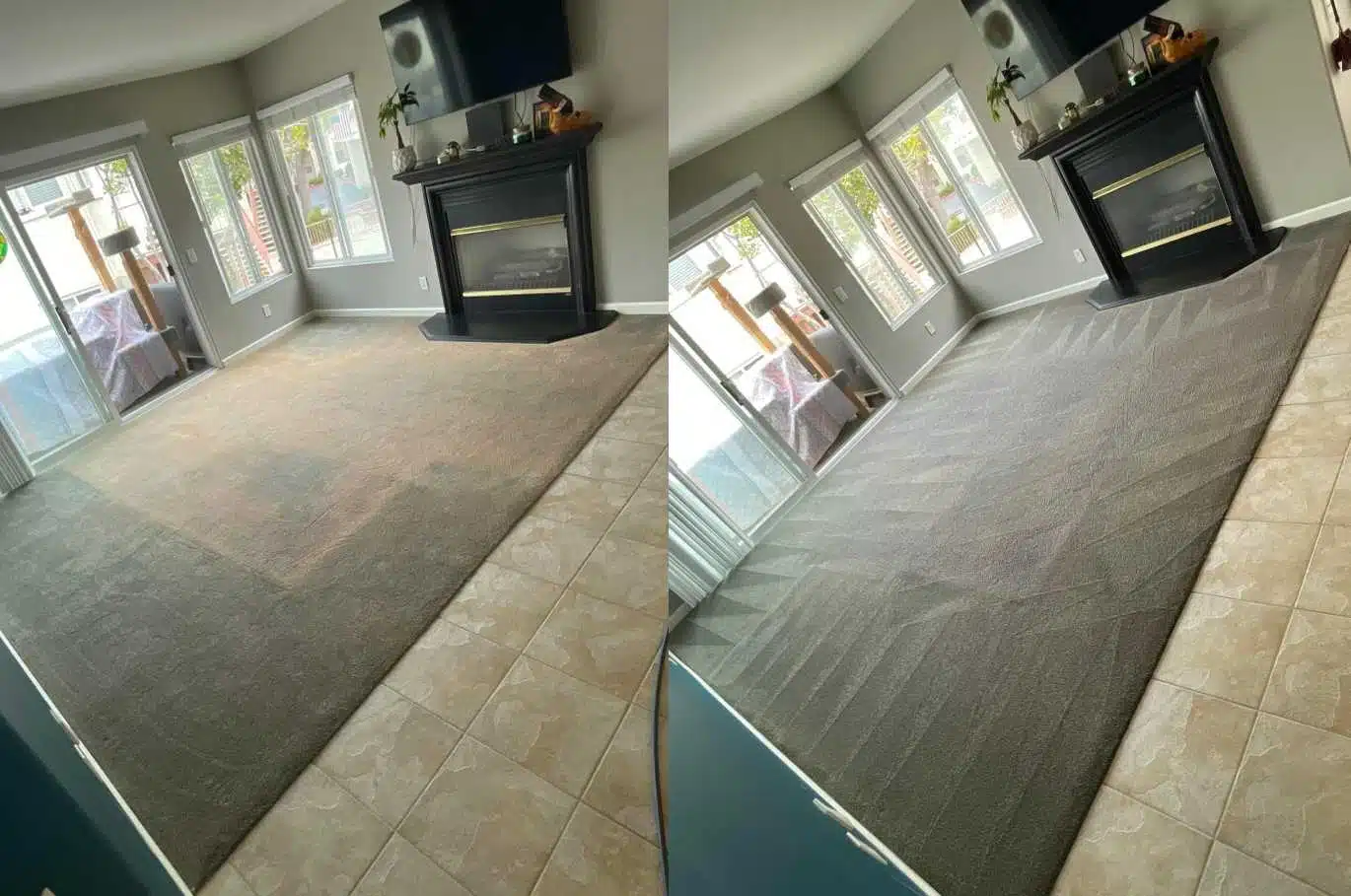 Contrasting photo of a rug before and after carpet steam cleaning.