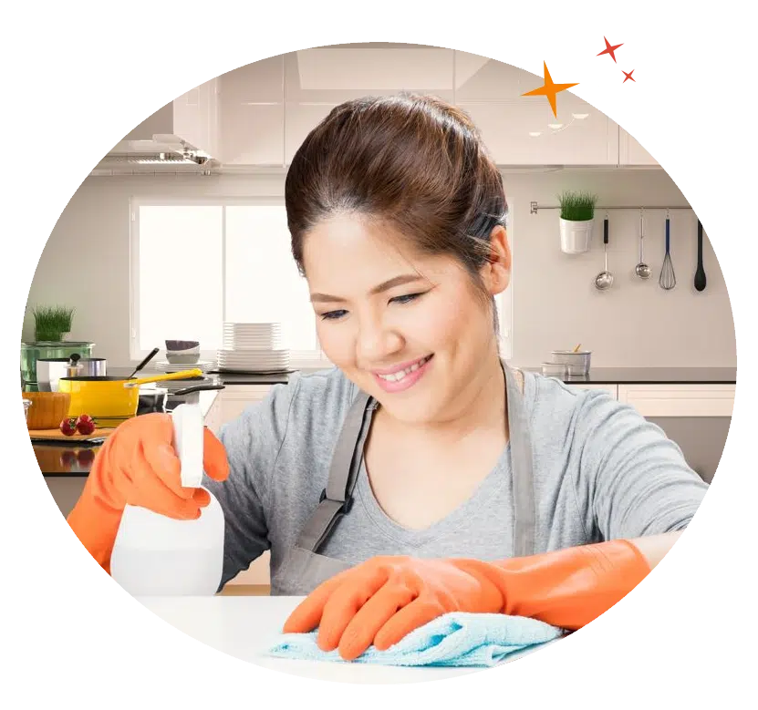 MaidForYou cleaner cleaning countertop with blue microfibre cloth.