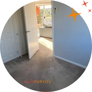 grey carpet next to a white door after being steam cleaned