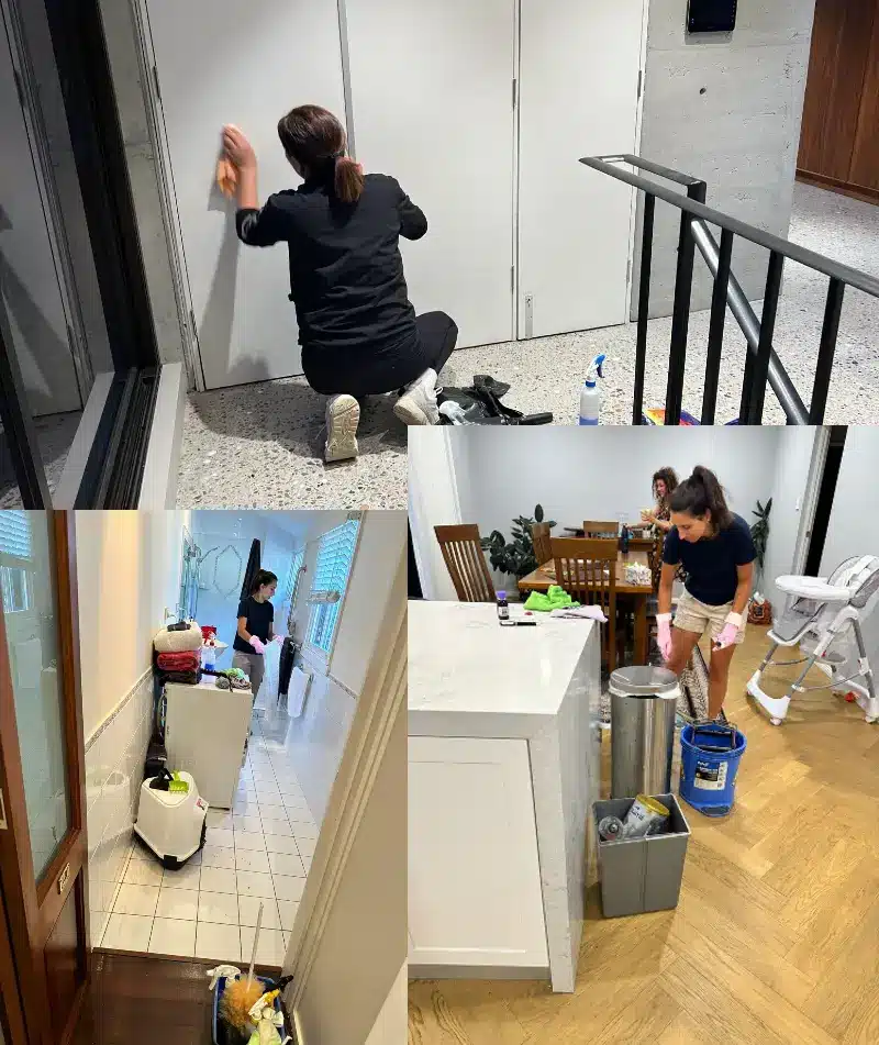 Collage of Chuka cleaning kitchen cabinets.